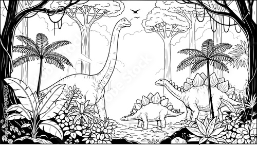 Prehistoric forest clearing with stegosaurus and sauropod
