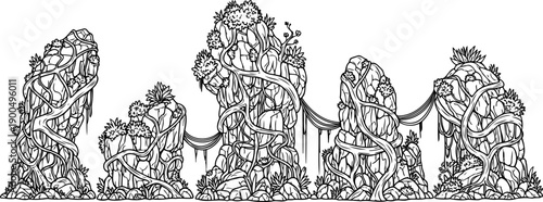 Prehistoric jungle rock formations with hanging vines line art