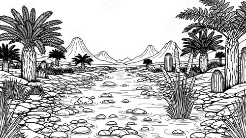 Prehistoric river landscape with volcanoes and ancient plants coloring page