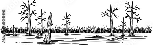 Prehistoric swamp landscape with dead trees