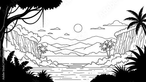 Prehistoric valley landscape jurassic mountains and jungle lake