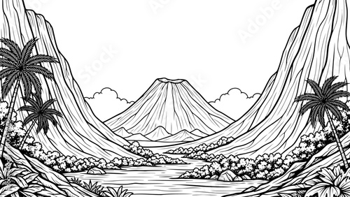 Prehistoric volcanic landscape coloring page style