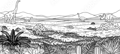 Prehistoric valley landscape with various dinosaurs Mountains
