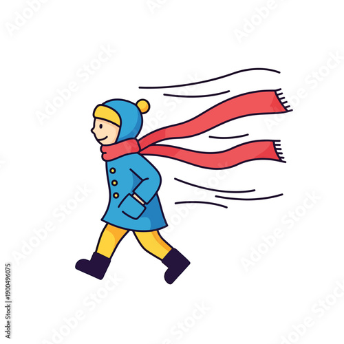 Cheerful person walking in windy winter weather, dynamic vector illustration