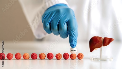 Blocker pill stopping hepatitis virus spread near liver model