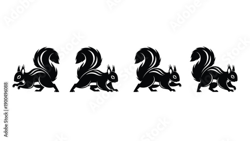 Four black silhouette squirrels in various dynamic poses running in a line. Vector