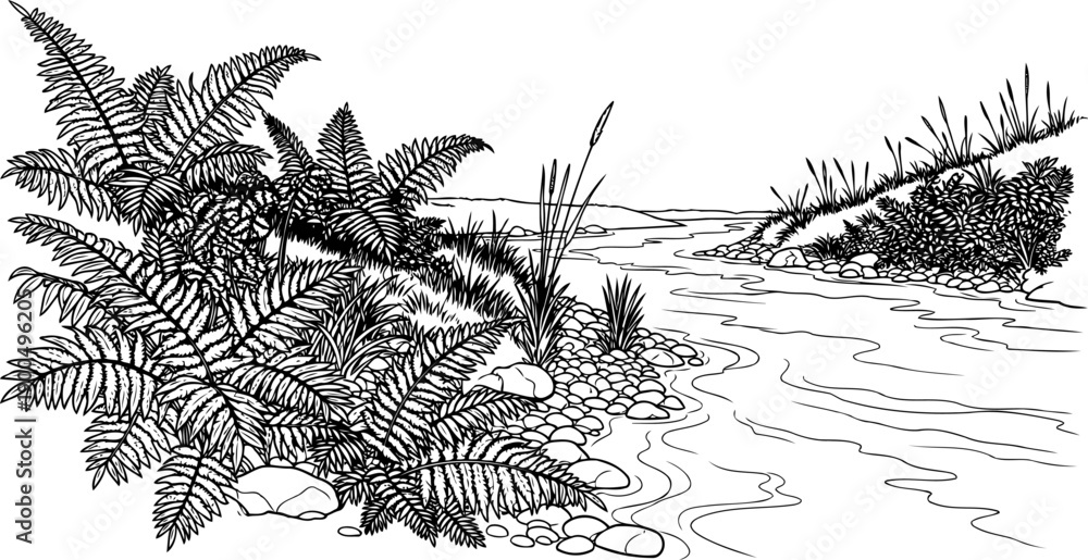 Naklejka premium River landscape scenery with ancient ferns and rocky banks