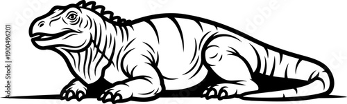 Resting iguanodon herbivore dinosaur lying down line drawing