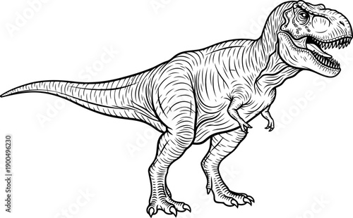 Roaring tyrannosaurus rex showing powerful muscular build line art