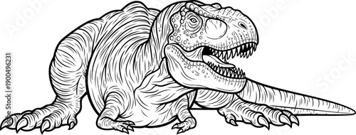 Resting tyrannosaurus rex predator lying on ground line art illustration