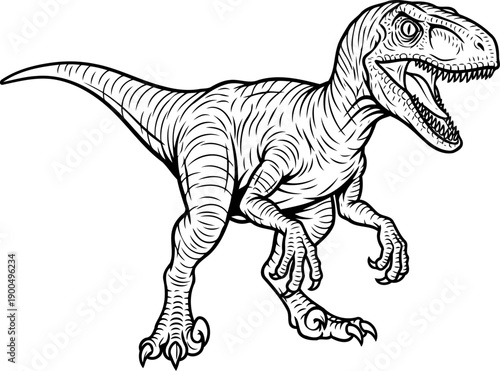 Roaring velociraptor dinosaur head and torso in aggressive line art style