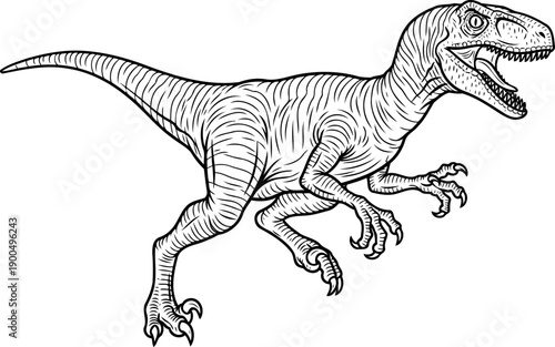 Running raptor dinosaur attacking with open mouth and sharp claws art