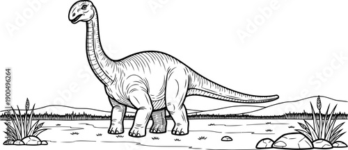 Sauropod dinosaur in prehistoric landscape coloring page