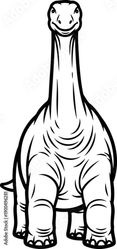 Sauropod dinosaur viewed from front standing with neck held high