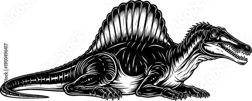 Spinosaurus aegyptiacus resting with sail back in woodcut engraving style