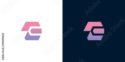 Abstract geometric hexagon logo design, futuristic tech symbol in gradient colors on white and navy backgrounds