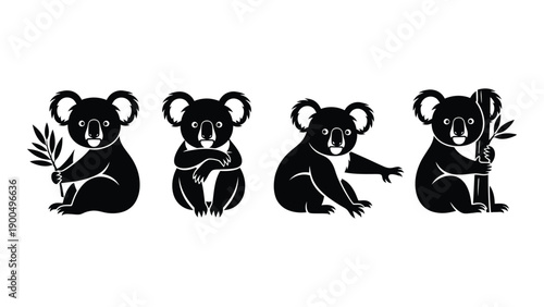 Four black silhouette koalas sitting on branches in a row with different poses Vector