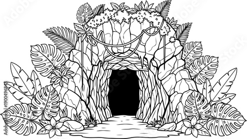Tropical cave entrance surrounded by monstera leaves line art