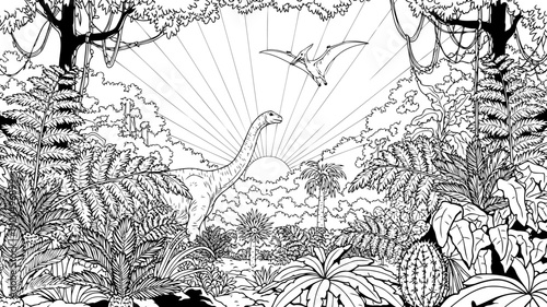 Tropical jungle panorama with dinosaurs and sunset sky