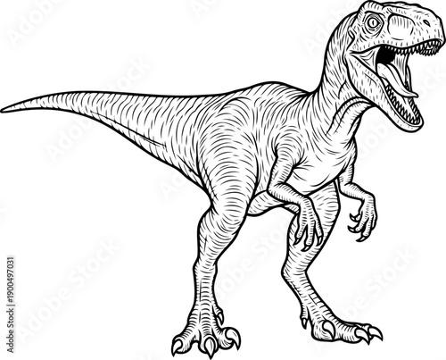 Vicious raptor dinosaur drawing with open jaws
