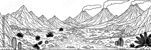Volcanic prehistoric valley landscape illustration