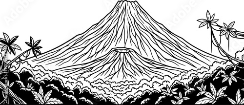 Volcanic mountain peak in a prehistoric jungle landscape illustration
