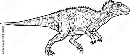 Walking giganotosaurus theropod showing powerful stride and textured skin