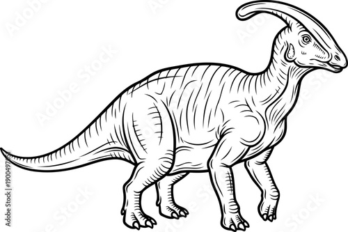 Walking parasaurolophus hadrosaurid dinosaur with distinctive head crest line art
