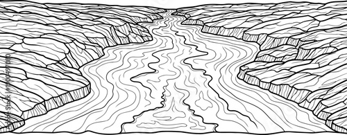 Winding river valley through rocky canyon landscape