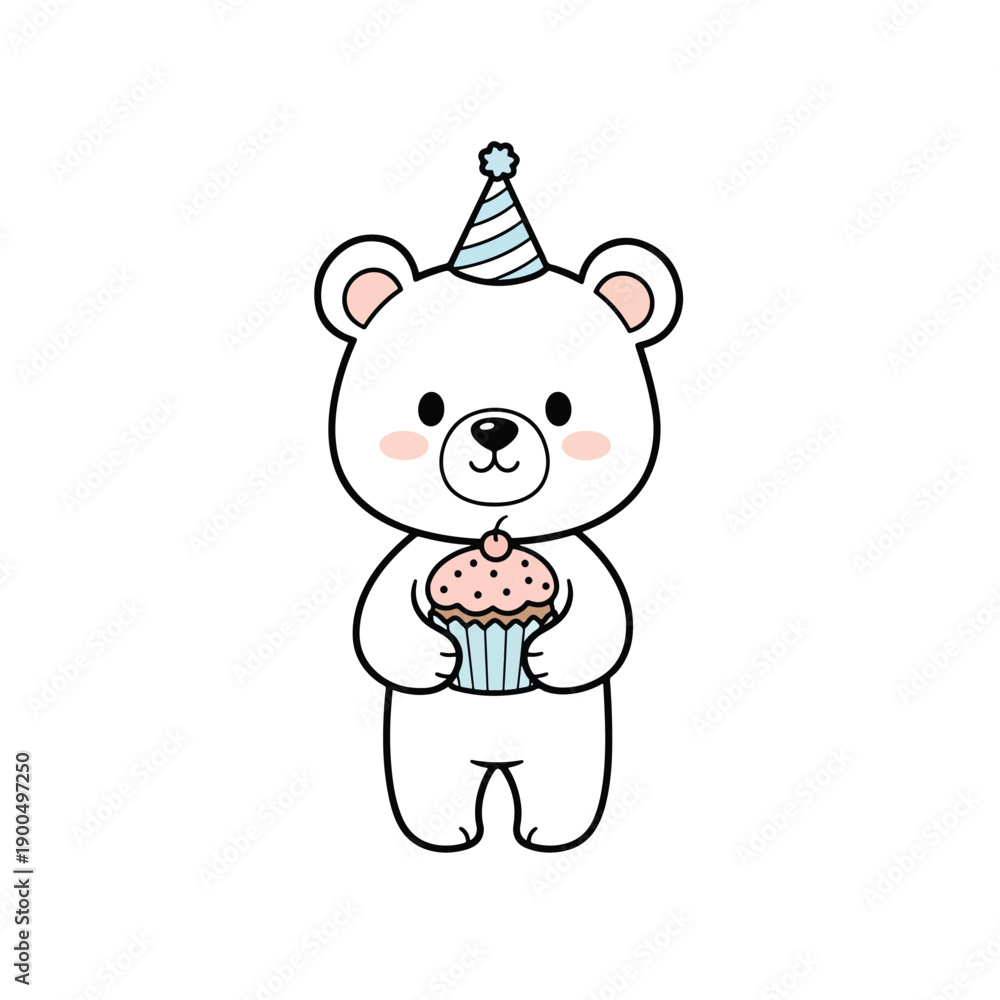 Obraz premium Cute Cartoon Bear Celebrating with a Sweet Cupcake, Wearing a Party Hat, Isolated Vector Art