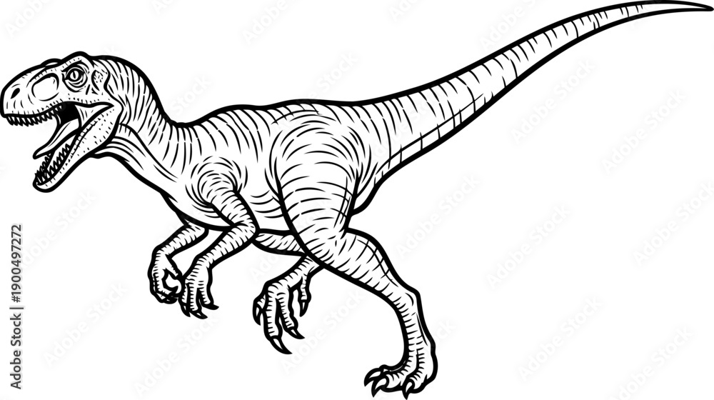 Fototapeta premium Agile deinonychus raptor dinosaur running with open mouth line art