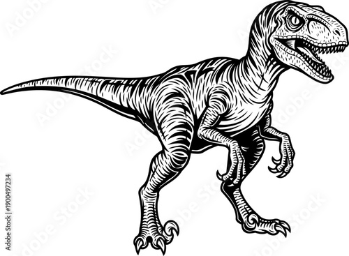Aggressive deinonychus raptor dinosaur with sharp talons line art