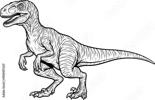 Aggressive deinonychus raptor dinosaur in hunting stance