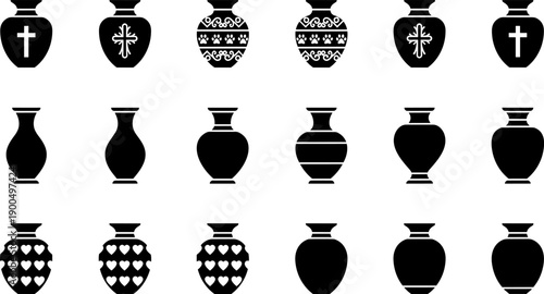Cremation, urn, set, funeral, vase, memorial, burial, pottery, cross, heart, paw, print, ceramic, vessel, death, mourning, pet, remembrance, silhouette, vector, icon, collection