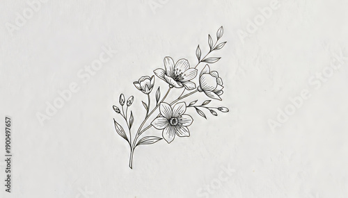 Delicate and elegant monochrome flower drawing. This botanical art sketch illustration has vintage feel, perfect for gentle, romantic designs