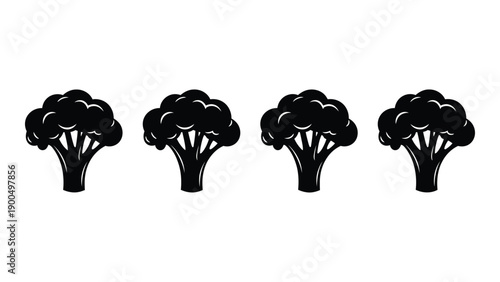 Four black and white illustrations of broccoli arranged in a row Vector