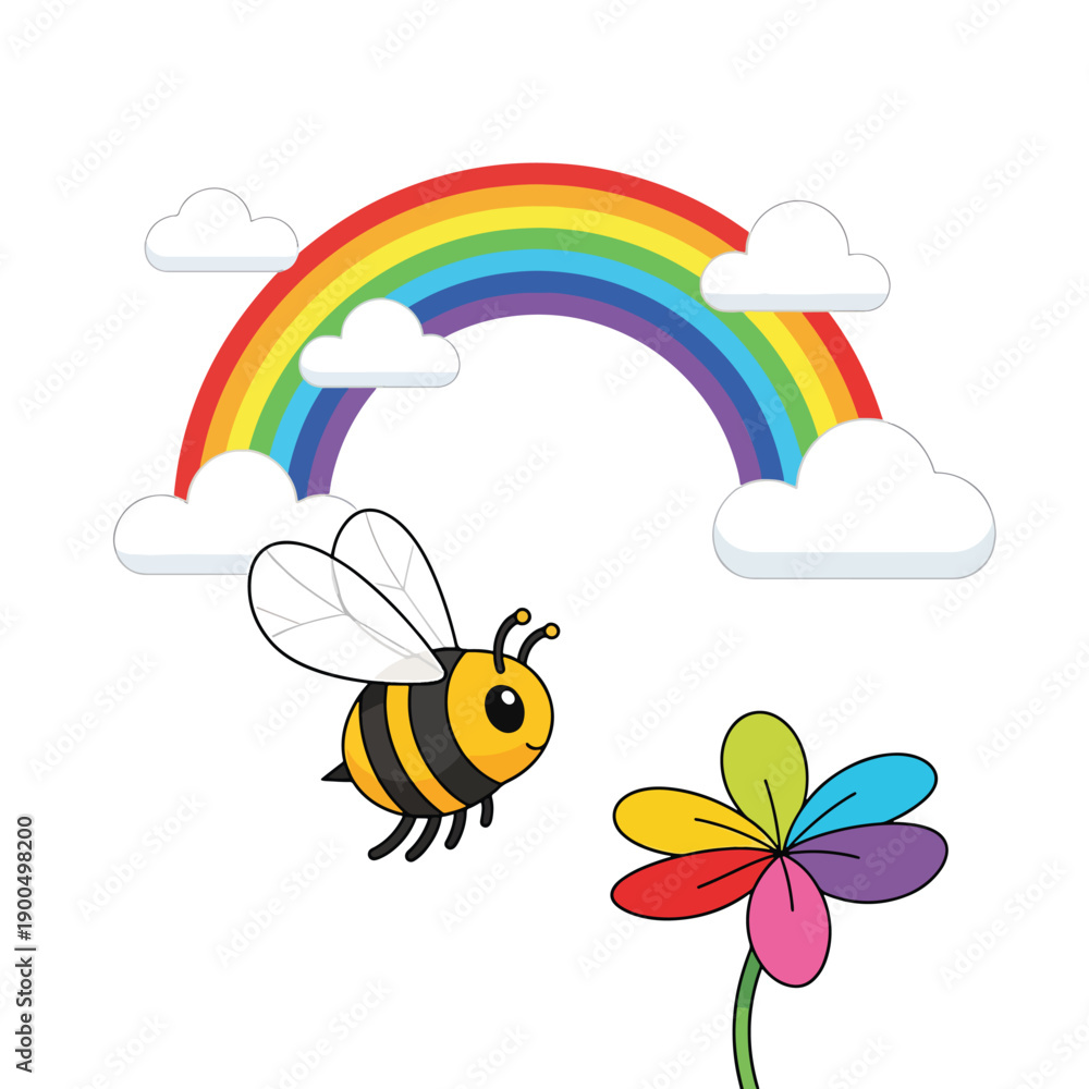 Fototapeta premium Cartoon bee flying towards a vibrant colorful flower under a cheerful rainbow and fluffy clouds