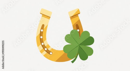 Golden horseshoe with green four leaf clover symbolizing good luck and fortune on white background