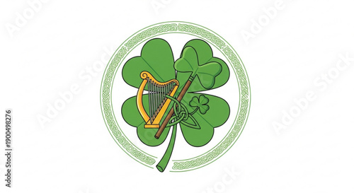 Irish shamrock symbol with golden harp in green circle emblem