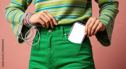 Fashionable Person In Bright Green Pants And Striped Top Placing Phone In Pocket Close Up