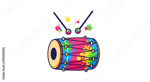 Colorful drum with vibrant paint splatters and sticks symbolizing music and celebration