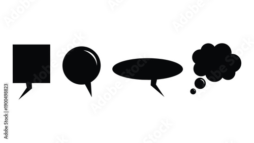 Four different styles of speech bubbles and a thought bubble in black and white. Vector