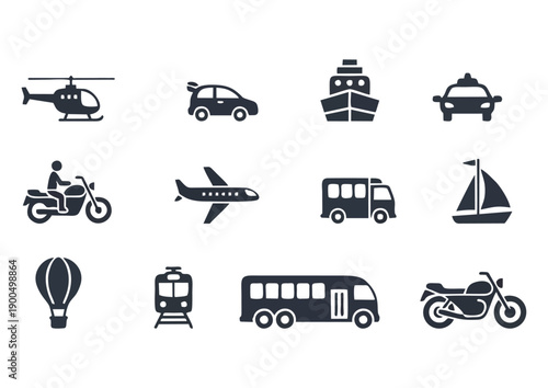 Minimal transportation icon pack vector featuring cars, buses, trains, airplanes, ships, bicycles and motorcycles.