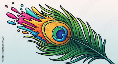 Vibrant peacock feather with colorful paint splashes on gradient background symbolizing creativity and beauty