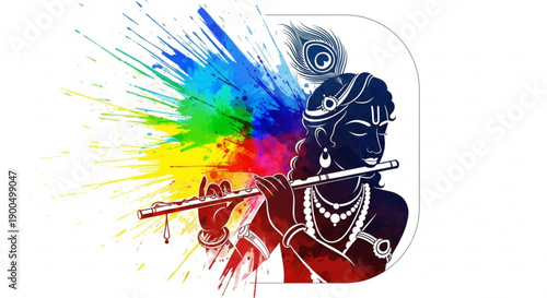 Hindu deity krishna playing flute with vibrant colorful splashes in background
