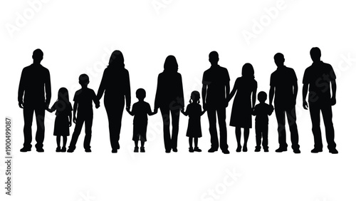 A diverse family of eight standing together in silhouette form Vector