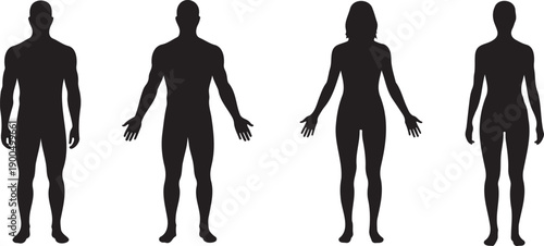 Four black silhouettes of people standing on white background