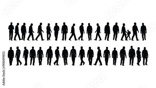 Silhouettes of people walking and standing in a diverse crowd setting Vector