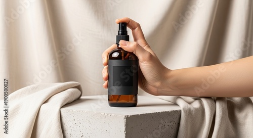 Hand holding amber glass spray bottle with black label against draped fabric background for product