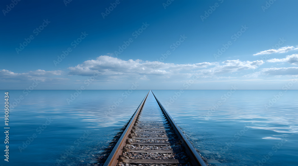 Obraz premium Surreal conceptual image of a straight railway track leading into a calm blue ocean under a clear sky, representing infinite journey, future goals, and a peaceful path ahead.